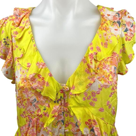 Anthropologie Maeve Yellow Pink Floral Ruffle Deep V Button Up Blouse Top Sz 4 - Picture 3 of 5